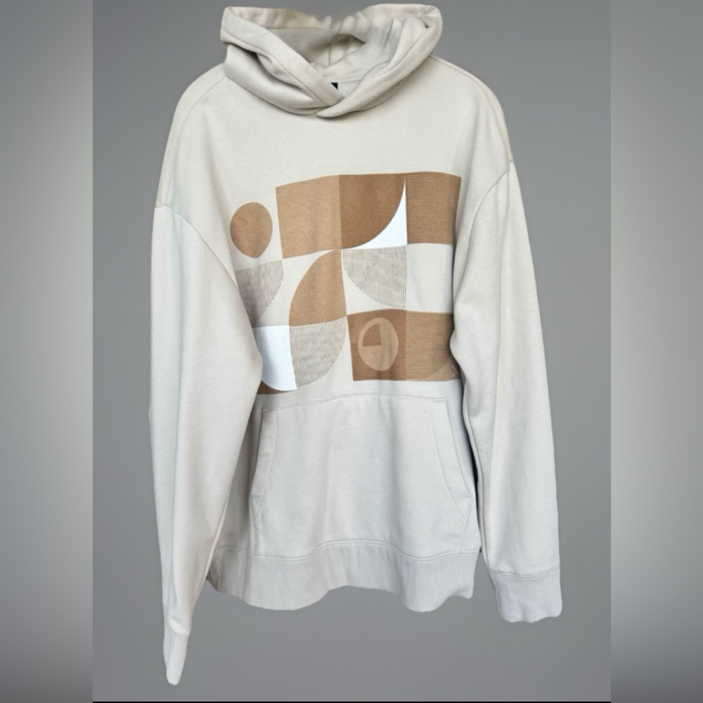 Express Mens Long Sleeve Textured Front Beige Hoodie Kangaroo Pocket Warm Large